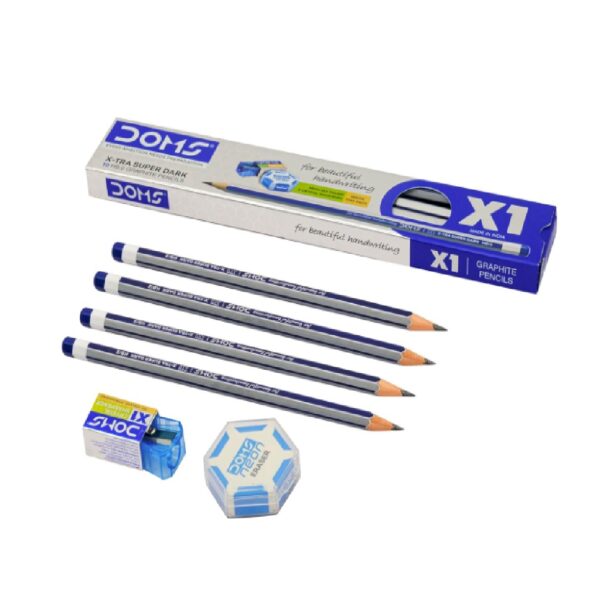 DOMS X1 Xtra Super Dark Pencils Box Pack|Hexagonal Shape For Easy Holding&Comfort|Free Eraser|Scale&Pencil Cap Inside|Dark&Neat Handwriting|Pack Of 20 Pencils|Black